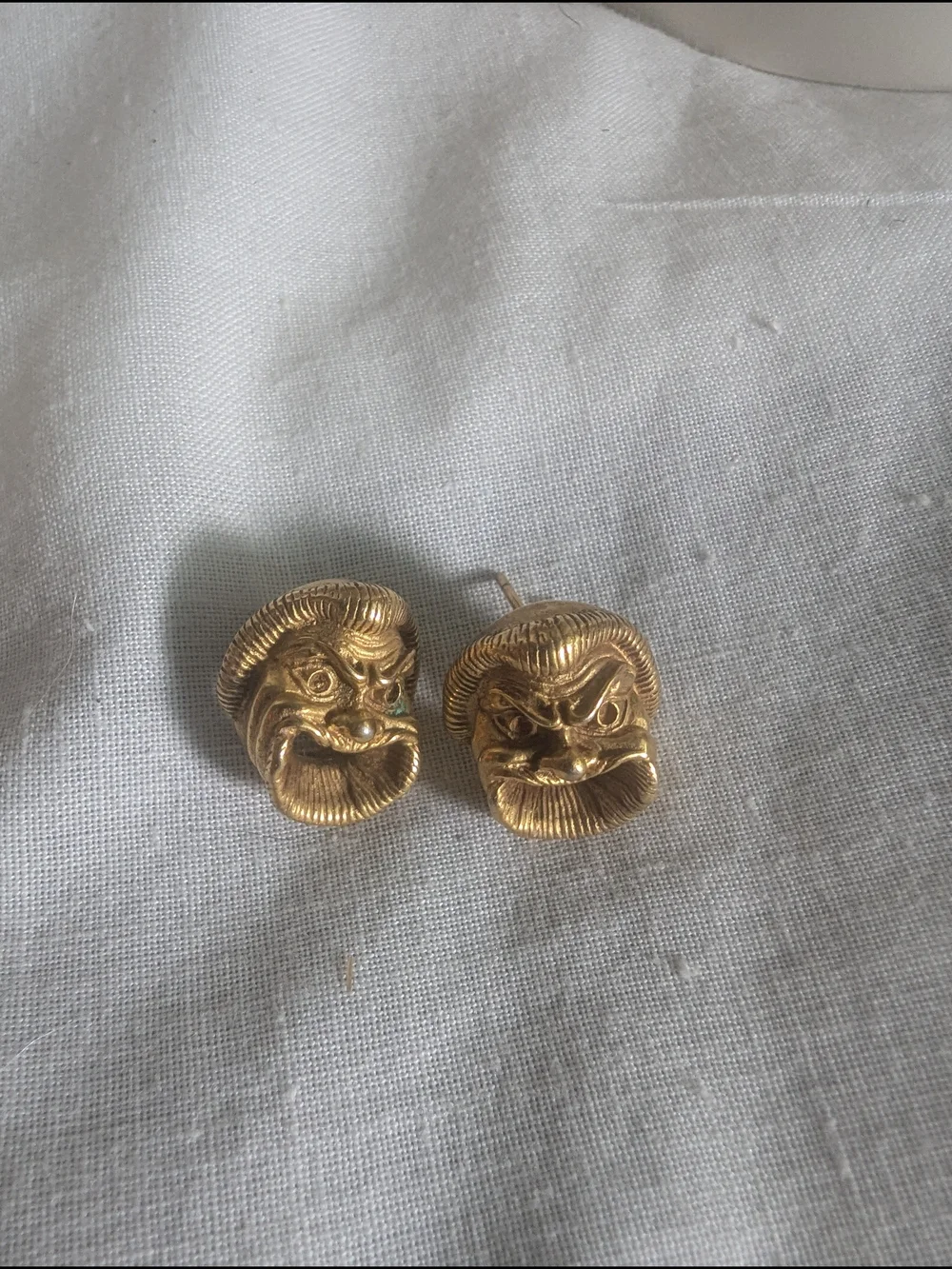 Vintage Bronze Gold Tone Dramatic Face Stud Earrings Monster Mouth